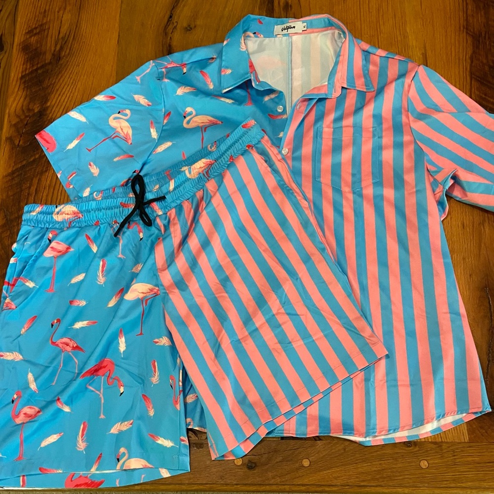 Vatpave Blue and Pink Flamingo Print and Sripes Stretch Swim Suit and Shirt, XL